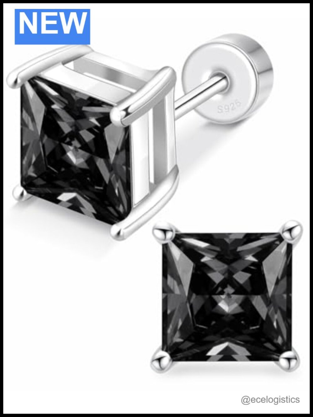 Princess Cut Black CZ Stud Earrings Solid 925 Silver Screw Back Sleep